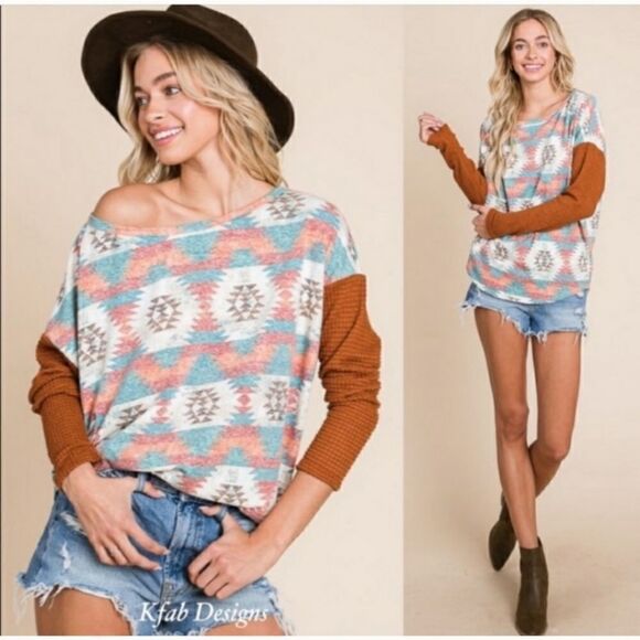 Color Block Aztec Print Relaxed Fit Thermal Top Sz L - Picture 7 of 9